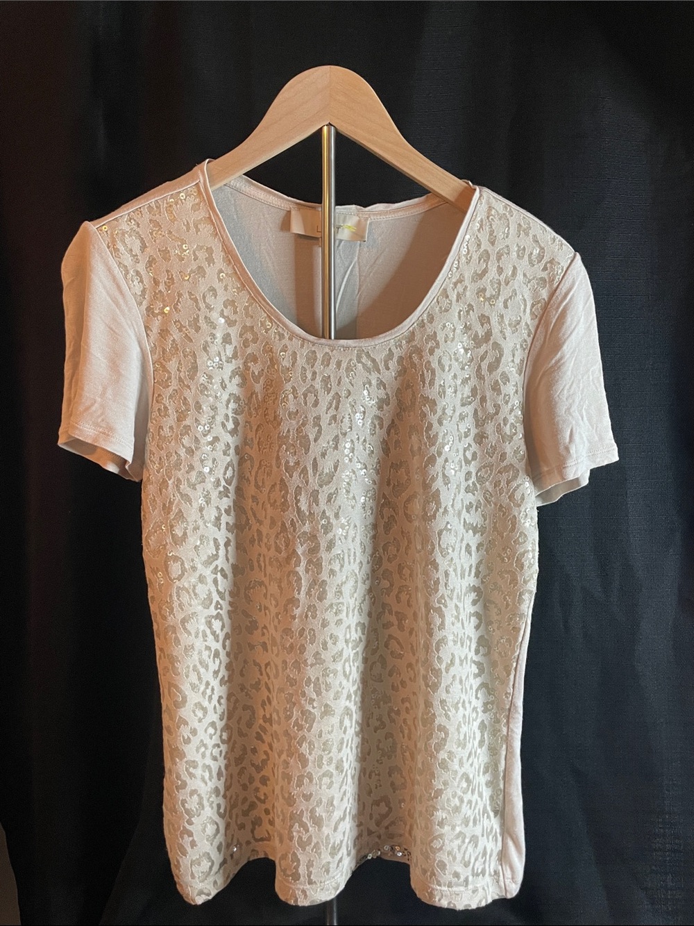 LOFT Cream Sequin Animal-Print Short Sleeve Top
